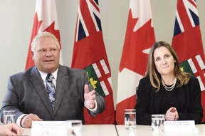Minister of Foreign Affairs Chrystia Freeland, right, sits for a meeting with Ontario Premier-designate Doug Ford in Toronto, on Thursday, June 14, 2018. (THE CANADIAN PRESS/Nathan Denette)