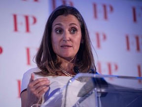 Foreign Minister Chrystia Freeland gestures as she speaks after receiving Foreign Policy's 2018 Diplomat of the Year award in Washington, D.C., on June 13, 2018.