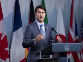 Canada's Prime Minister Justin Trudeau speaks during a press conference at the G7 leaders summit in La Malbaie, Que., on Saturday, June 9, 2018. (Justin Tang/The Canadian Press)