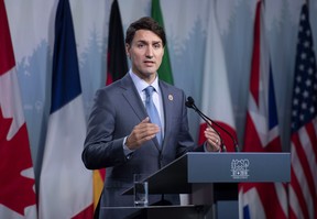 Canada’s Prime Minister Justin Trudeau speaks during a press conference at the G7 leaders summit in La Malbaie, Que., on Saturday, June 9, 2018. (Justin Tang/The Canadian Press)
