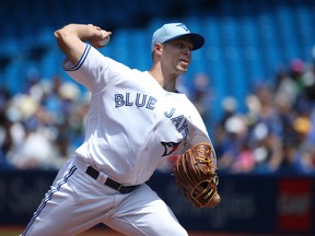 Blue Jays starter Sam Gaviglio delivers a pitch in the first inningagainst the Washington Nationals at the Rogers Centre on Sunday. (Tom Szczerbowski/Getty Images)