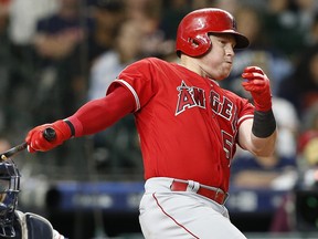 Kole Calhoun of the Angels is still hitting the ball well, though you would never know it by his stats. (Photo by Bob Levey/Getty Images)