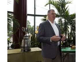 CFL Commissioner Randy Ambrosie talks about the 2018 Grey Cup to a group of people at Postmedia on Thursday, May 31, 2018  in Edmonton.
