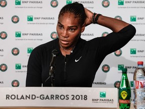 In this photo provided by the French Tennis Federation, Serena Williams talks to the media at the Roland Garros stadium in Paris on, June 4, 2018