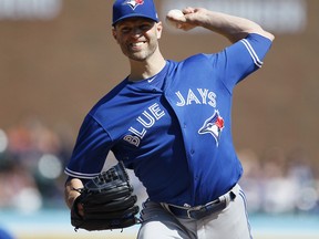 Blue Jays starter J.A. Happ pitches against the Detroit Tigers during the second inning on Saturday, June 2, 2018, in Detroit. (AP/PHOTO)