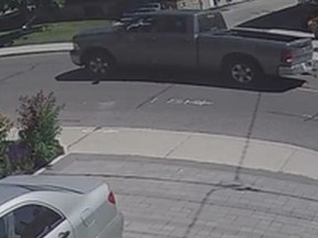 A Dodge Ram pickup believed to be involved in a fatal hit-and-run on June 11 is shown in a surveillance camera image. (Toronto Police)