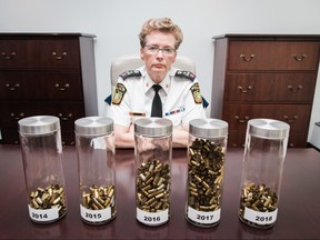 Peel Regional Police Chief Jennifer Evans sits at headquarters with jars full of bullets in front of her.