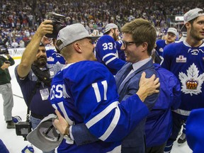 Maple Leafs GM Kyle Dubas (right) and Marlies forward Andreas Johnsson celebrate Toronto's Calder Cup victory. Johnsson will likely help fill any hole left by the possible departure of James van Riemsdyk and Tyler Bozak. (Ernest Doroszuk/Toronto Sun)