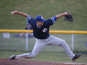Maple Leafs pitcher Justin Cicatello recorded the win for Toronto on Wednesday night in Brantford. (TORONTO SUN/FILES)