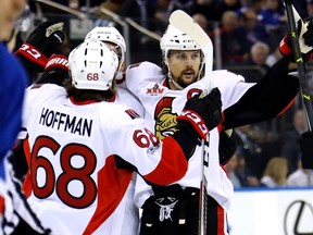 Mike Hoffman and Erik Karlsson of the Ottawa Senators after scoring a goal against the New York Rangers on May 9, 2017