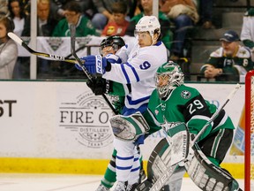 Marlies forward Trevor Moore, who had a goal, vies for position in front of Stars goalie Mike McKenna during Game 5 of the Calder Cup final Saturday night in Cedar Park, Texas. The series heads back to Toronto for Game 6 on Tuesday. (Texas Stars photo)
