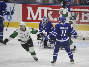 Toronto Marlies goalie Garret Sparks is beaten by a power play goal by Texas Stars Gavin Bayreuther during the third period of the Calder Cup Game 2 in Toronto on Sunday June 3, 2018. Jack Boland/Toronto Sun/Postmedia Network