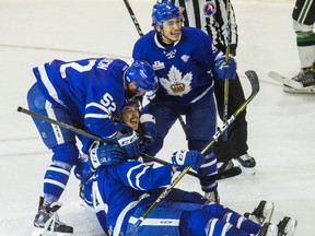 The Toronto Marlies celebrate their second goal against the Texas Stars during first period action in Game 7 of the 2018 Calder Cup Finals at Ricoh Coliseum in Toronto on Thursday, June 14, 2018.