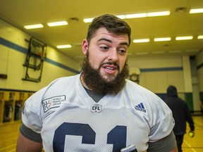 Argonauts centre Sean McEwen feels Toronto could have done a better job of protecting its quarterback against the Roughriders. (Ernest Doroszuk/Toronto Sun)