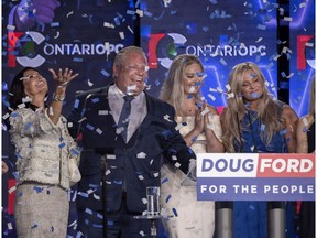 Ontario PC leader Doug Ford, second left, reacts with his family after winning the Ontario Provincial election to become the new premier in Toronto, on Thursday, June 7, 2018. (Nathan Denette/The Canadian Press)