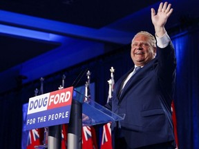 Ontario PC leader Doug Ford speaks to supporters after winning a majority government in the Ontario Provincial election in Toronto, on Thursday, June 7, 2018.