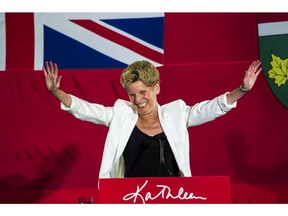 Former Ontario Premier Kathleen Wynne celebrates her political career after announcing to supporters that she is stepping away from her Liberal seat during her election night party at York Mills Gallery in Toronto on June 7, 2018.