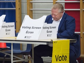 Ontario PC Leader Doug Ford casts his vote in Toronto, on Thursday, June 7, 2018. THE CANADIAN PRESS/Nathan Denette