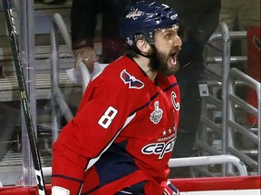 Capitals forward Alex Ovechkin celebrates his goal against the Vegas Golden Knights during the second period in Game 3 of the Stanley Cup final, Saturday, June 2, 2018, in Washington. (AP/PHOTO)