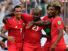 Panama celebrates its first-ever World Cup goal in a lopsided loss to England on June 24. Still, Panama came away from the event feeling excited about its soccer future. GETTY IMAGES