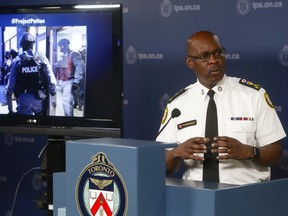 Toronto Police Chief Mark Saunders reveals details of Project Patton, an operation that targeted a notorious street gang known as the Five Point Generalz and saw hundreds of cops conduct pre-dawn raids across the GTA on Thursday, June 21, 2018. (Chris Doucette/Toronto Sun)