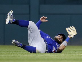 Toronto Blue Jays centre fielder Kevin Pillar catches a fly ball from Detroit Tigers' in Detroit, Friday, June 1, 2018. (AP Photo/Paul Sancya)