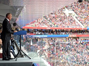 Russian President Vladimir Putin speaks during the opening ceremony prior to the 2018 FIFA World Cup Russia Group A match between Russia and Saudi Arabia at Luzhniki Stadium on June 14, 2018 in Moscow, Russia.