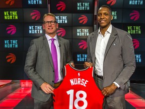 Raptors’ new head coach Nick Nurse (left) and team president Masai Ujiri are all smiles following an introductory news conference at the Air Canada Centre yesterday. Nurse says he will experiment with some new ideas. ERnest doroszuk/Toronto Sun