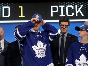 Rasmus Sandin poses after being selected 29th overall by the Toronto Maple Leafs on Friday night in Dallas. (GETTY IMAGES)