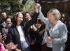 Ontario NDP Leader Andrea Horwath, right, and Beaches-East York NDP candidate Rima Berns-McGown at a gathering on Mother’s Day in the Beaches-East York riding in Toronto, Sunday, May 13, 2018. (THE CANADIAN PRESS/Marta Iwanek)