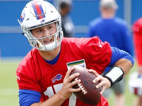 Buffalo Bills rookie quarterback Josh Allen participates in drills during the team's NFL rookie minicamp on May 11, 2018