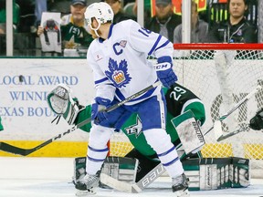 Marlies captain Ben Smith screens Texas Stars goaltender Mike McKenna on June 7, 2018, during Game 4 of the Calder Cup final in Cedar Park, Tex. The Stars won 3-2 to even the series at two games apiece. (ANDY NIETUPSKI/Photo)
