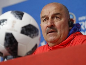 Russia head coach Stanislav Cherchesov attends a news conference  in the St. Petersburg stadium in St. Petersburg, Russia, Monday, June 18, 2018.