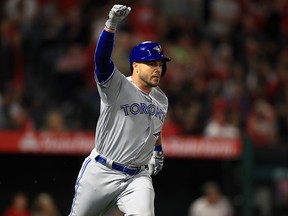Steve Pearce of the Toronto Blue Jays reacts after hitting a home run against the Los Angeles Angels of Anaheim at Angel Stadium on June 23, 2018 in Anaheim. (Sean M. Haffey/Getty Images)