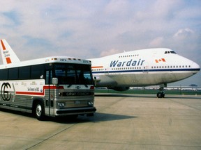 Captured forever in this unique and undated photograph are two former associate members in Toronto’s transportation community, Gray Coach and Wardair. Unfortunately both of these once iconic Canadian companies would succumb to business pressures and are no longer in existence. Wardair was started by Max Ward in the early 1950s and grew out of his love for flying in Canada’s north. First as a freight and charter airline and then, after years of confrontations with the federal government, as a true schedule airline, Wardair serving both foreign and domestic destinations quickly became a favourite of thousands of Canadian travelers. For a variety of reasons operations ended in 1990 just months after Wardair was purchase by Canadian Airlines a company that in turn was acquired by Air Canada. Gray Coach was introduced by the TTC in 1927 as its suburban and sightseeing bus affiliate. The company remained in business until the TTC decided to concentrate on its core urban transit service selling Gray Coach to Stagecoach Holdings of Great Britain in 1990 which three years later sold the remnants of Gray Coach to Greyhound Lines of Canada.