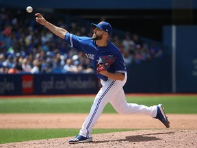 Ryan Tepera of the Toronto Blue Jays delivers a pitch in the ninth inning during MLB game action against the Atlanta Braves at Rogers Centre on June 20, 2018 in Toronto.