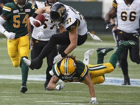 Hamilton Tiger-Cats ball carrier Mercer Timmis (27) is taken out by Edmonton Eskimos defender Aaron Grymes (36) in Edmonton, Alta., on Friday, June 22, 2018. (THE CANADIAN PRESS/Jason Franson)