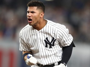 Gleyber Torres of the New York Yankees after hitting a game winning RBI single in the tenth inning against the Houston Astros  at Yankee Stadium on May 29, 2018. (AL BELLO/Getty Images)