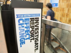 A StarMetro newspaper stand is shown at a subway station in Toronto on Thursday June 28, 2018. Torstar Corp. says it's laying off 21 staff at its StarMetro office in Toronto as part of a shift of production operations to Hamilton. THE CANADIAN PRESS/Doug Ives