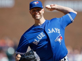 Toronto Blue Jays starter J.A. Happ pitches against the Detroit Tigers during the second inning of a baseball game on June 2, 2018, in Detroit