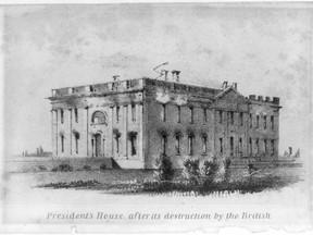 A lithograph print showing fire damage to the White House after burning by the British during the war of 1812. MUST CREDIT: Library of Congress.