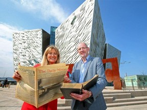 Titanic Belfast CEO Judith Owens, left, with Aidan McMichael, chair of the Belfast Titanic Society. The two organizations have joined forces on an exhibit marking the 100th anniversary of the Carpathia’s sinking during the First World War. Carpathia was first on the scene when Titanic went down.