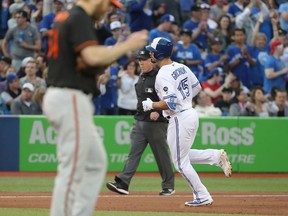 Randal Grichuk of the Toronto Blue Jays circles the bases after hitting a solo home run in the fifth inning during MLB action action as Andrew Cashner of the Baltimore Orioles reacts at Rogers Centre on June 8, 2018