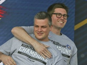 Toronto Maple Leafs GM Kyle Dubas and Marlies head coach Sheldon Keefe share a laugh during Calder Cup championship celebrations  on June 16, 2018.  (VERONICA HENRI/TORONTO SUN)