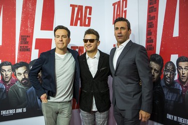 Ed Helms (from left),  Jeremy Renner and Jon Hamm at the red carpet for the move - Tag - at the TIFF Bell Lightbox in Toronto, Ont.  on Monday June 11, 2018. Ernest Doroszuk/Toronto Sun/Postmedia