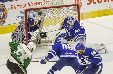 Toronto Marlies Chris Mueller goes into the net during 1st period action against the Texas Stars in Game 6 of the 2018 Calder Cup Finals at the Ricoh Coliseum in Toronto, Ont. on Tuesday June 12, 2018. Ernest Doroszuk/Toronto Sun/Postmedia