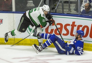 Toronto Marlies Martin Marincin during 2nd period action against Texas Stars Curtis McKenzie in Game 6 of the 2018 Calder Cup Finals at the Ricoh Coliseum in Toronto, Ont. on Tuesday June 12, 2018. Ernest Doroszuk/Toronto Sun/Postmedia