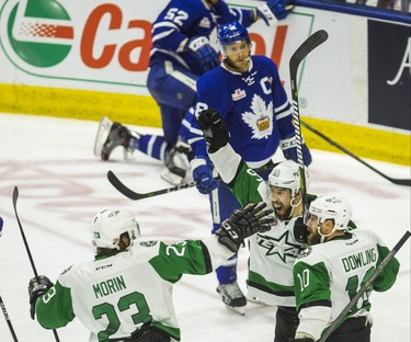 Toronto Marlies  during 2nd period action against Texas Stars Travis Morin(from left), Curtis McKenzie and Justin Dowling celebrating their team's their 2nd goal of the game in Game 6 of the 2018 Calder Cup Finals at the Ricoh Coliseum in Toronto, Ont. on Tuesday June 12, 2018. Ernest Doroszuk/Toronto Sun/Postmedia