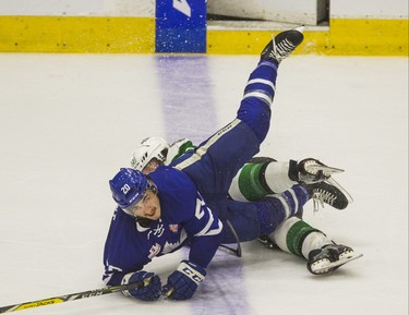 Toronto Marlies Mason Marchment during 3rd period action against Texas Stars Travis Morin in Game 6 of the 2018 Calder Cup Finals at the Ricoh Coliseum in Toronto, Ont. on Tuesday June 12, 2018. Ernest Doroszuk/Toronto Sun/Postmedia