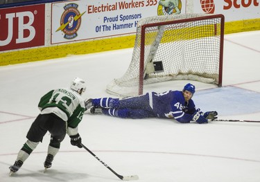 Toronto Marlies Calle Rosen tries in vain to block an empty net during 3rd period action against Texas Stars Colin Markison in Game 6 of the 2018 Calder Cup Finals at the Ricoh Coliseum in Toronto, Ont. on Tuesday June 12, 2018. Ernest Doroszuk/Toronto Sun/Postmedia